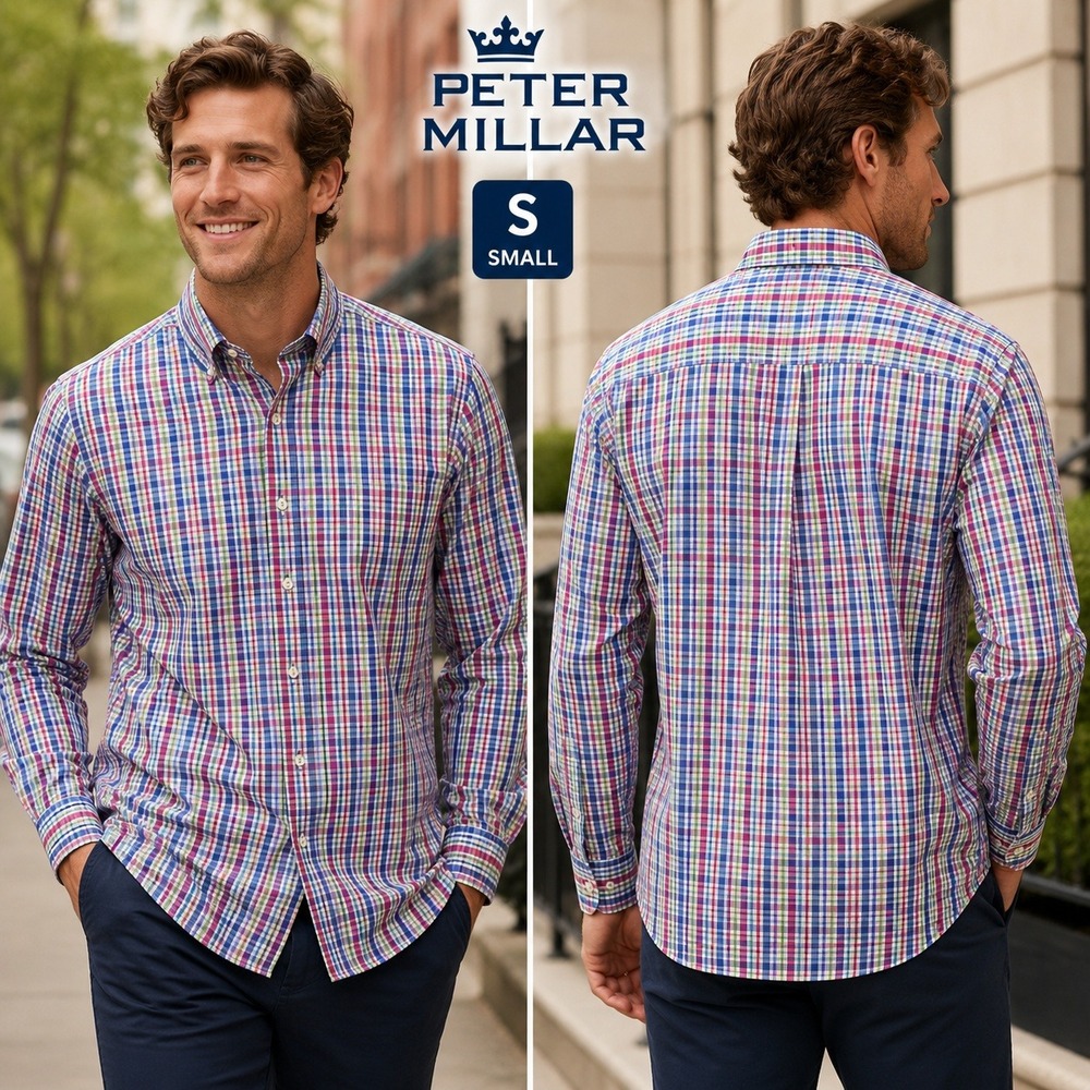 Peter Millar Mens Small Plaid Button Down Shirt Multi Color Cotton MS16W49CSL